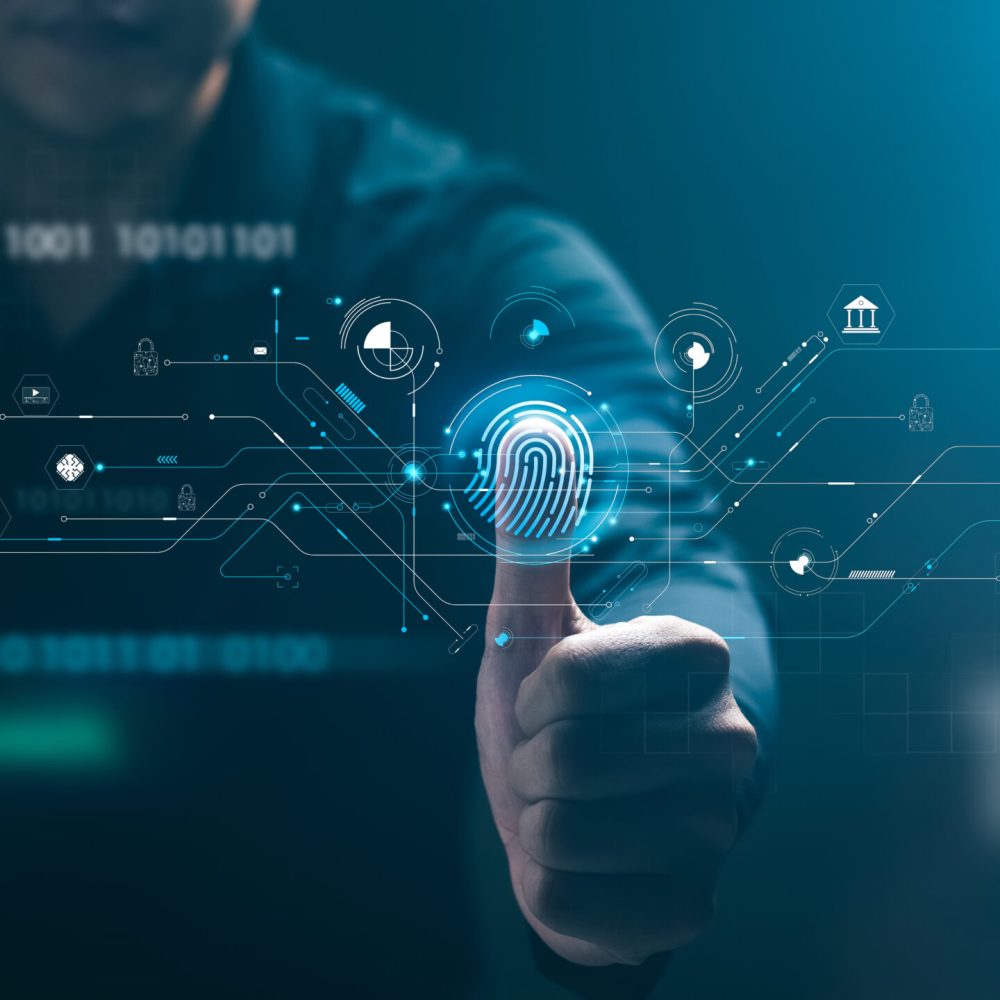 Security of future technology and Cybernetics on the Internet, finger scanning allows access to security and identification of big Data businesses, bank and Cloud Computers.